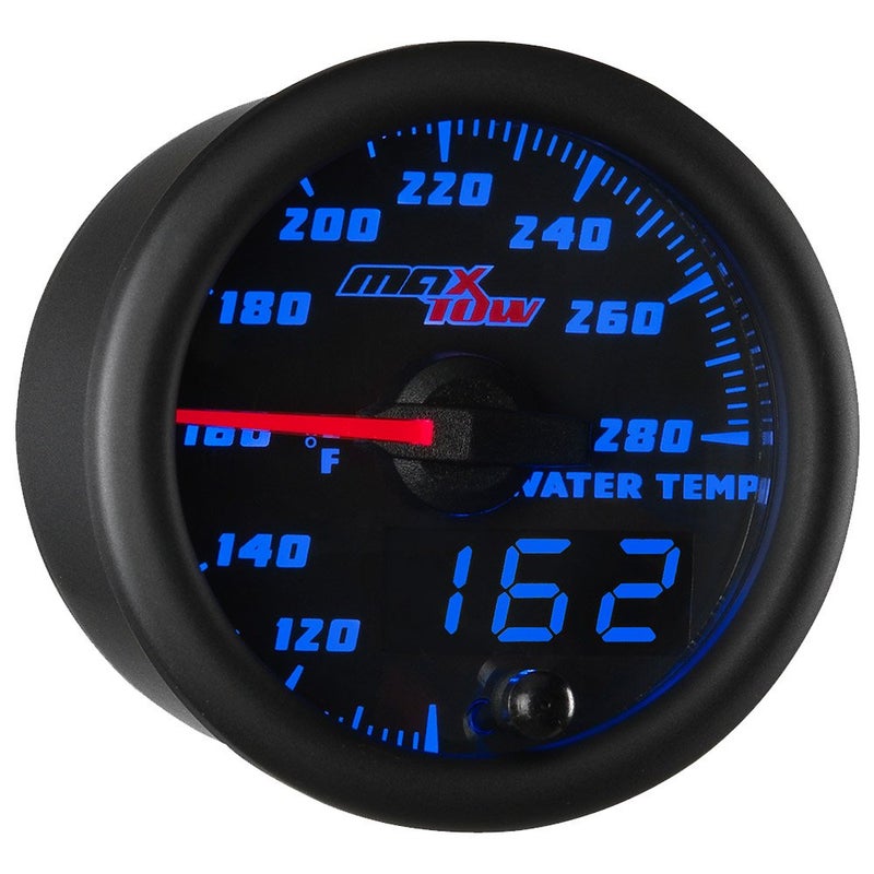 MaxTow Double Vision 280 F Water Coolant Temperature Gauge Kit - Includes Electronic Sensor - Black Gauge Face - Blue LED Illuminated Dial - Analog & Digital Readouts - for Trucks - 2-1/16" 52mm - Image 1